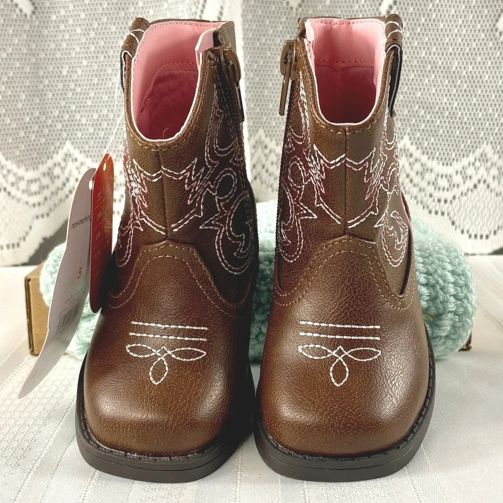 NWT Baby Girl Sz 5 Western Cowgirl Boots Pink Embroidered Stitching Faux Leather